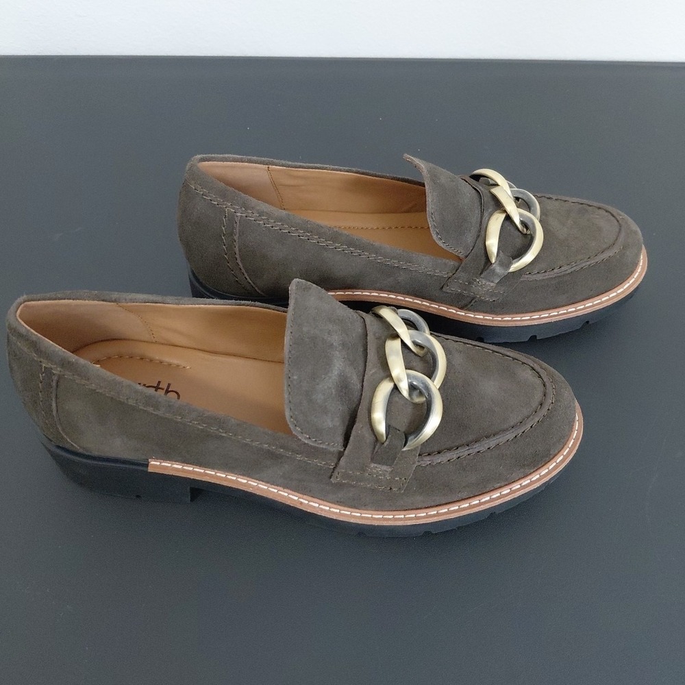 EARTH Lug Loafers Womens 9M Dark Khaki Etzalor Leather Chain Comfort Chic NEW